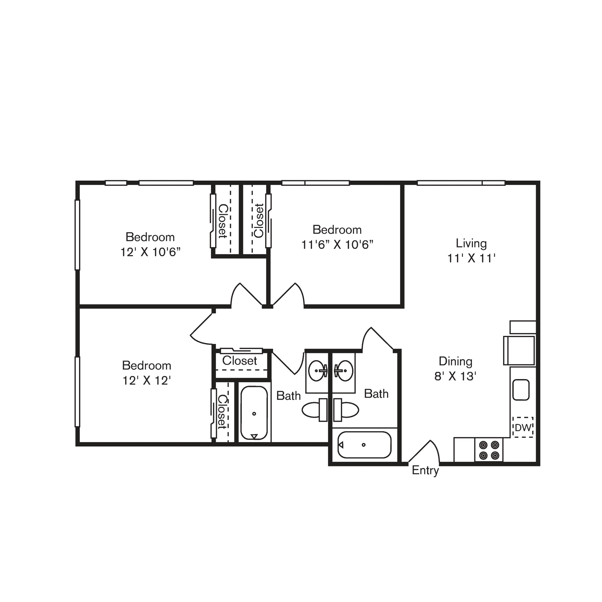 Floor plan for 3 beds, 2 baths, 992 sqft